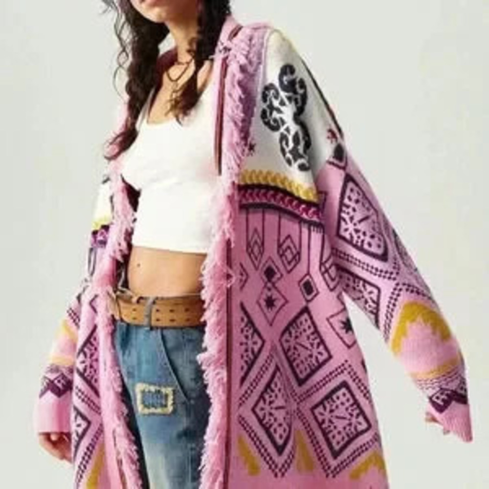 Multicolor Casual Women's Loose Geometric Pattern Fringe Trim Cardigan